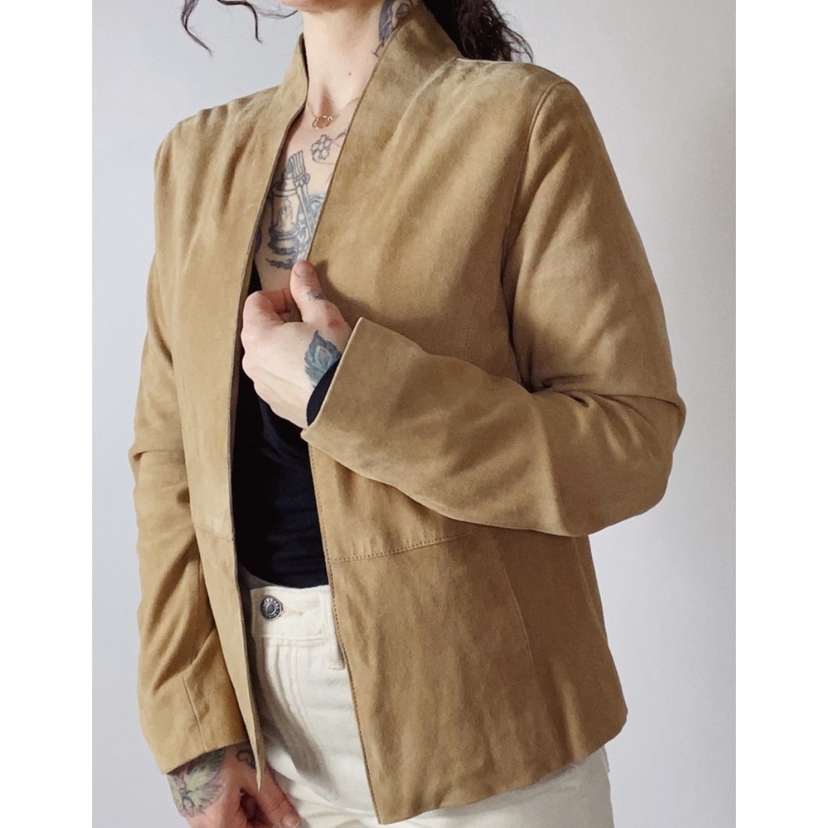 Eileen Fisher Goat Suede Open Front Cardigan Jacket Tan Medium Country Western